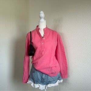 Vintage 70s Pink Cotton Gauze Blouse Lightweight Sheer Long Sleeve Small
